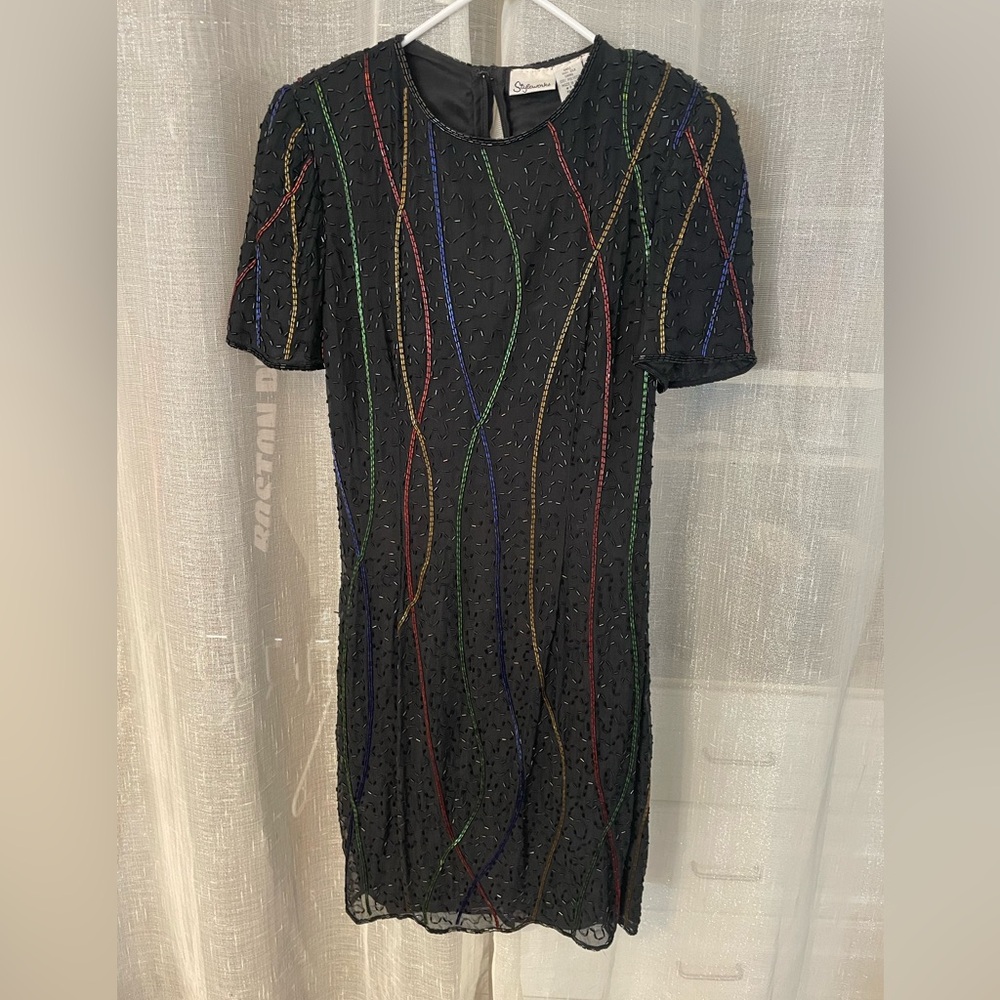 Sophisticated Black Dress with Vibrant Beaded Accents